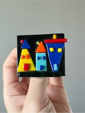 Art glass houses pin cute art deco vintage handmade brooch fused